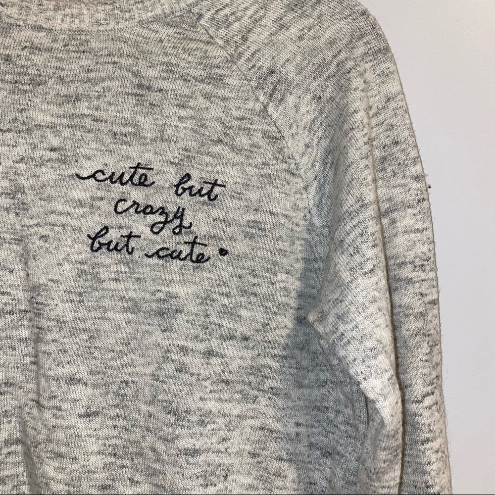 Cute but crazy but cute thin grey crew sweater